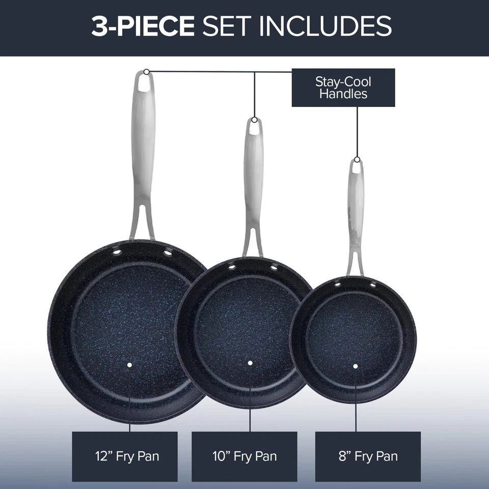 3-Piece Fry Pan Set | 8 in, 10 in, 12 in | Compatible with Induction Cooktops